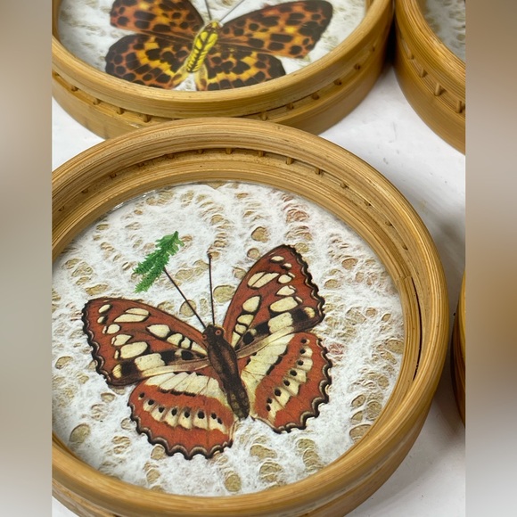 Vintage Bamboo/Rattan/Glass pressed flower & Butterfly tray/coaster set 7 pcs - Picture 7 of 16